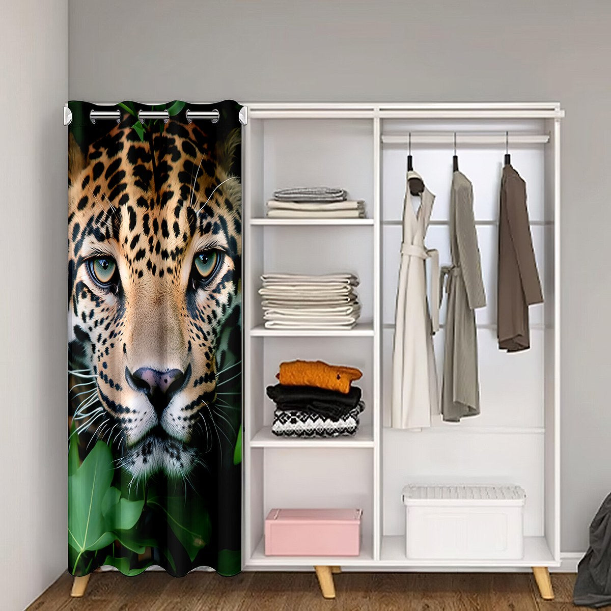 3D Cheetah Door Curtain For Doorway Privacy Leopard Print Blackout Curtain Green Leaf Plant Door Drape African Safari Animal Room Divider Curtain Living Room,Temporary Door 34"W X 80"L