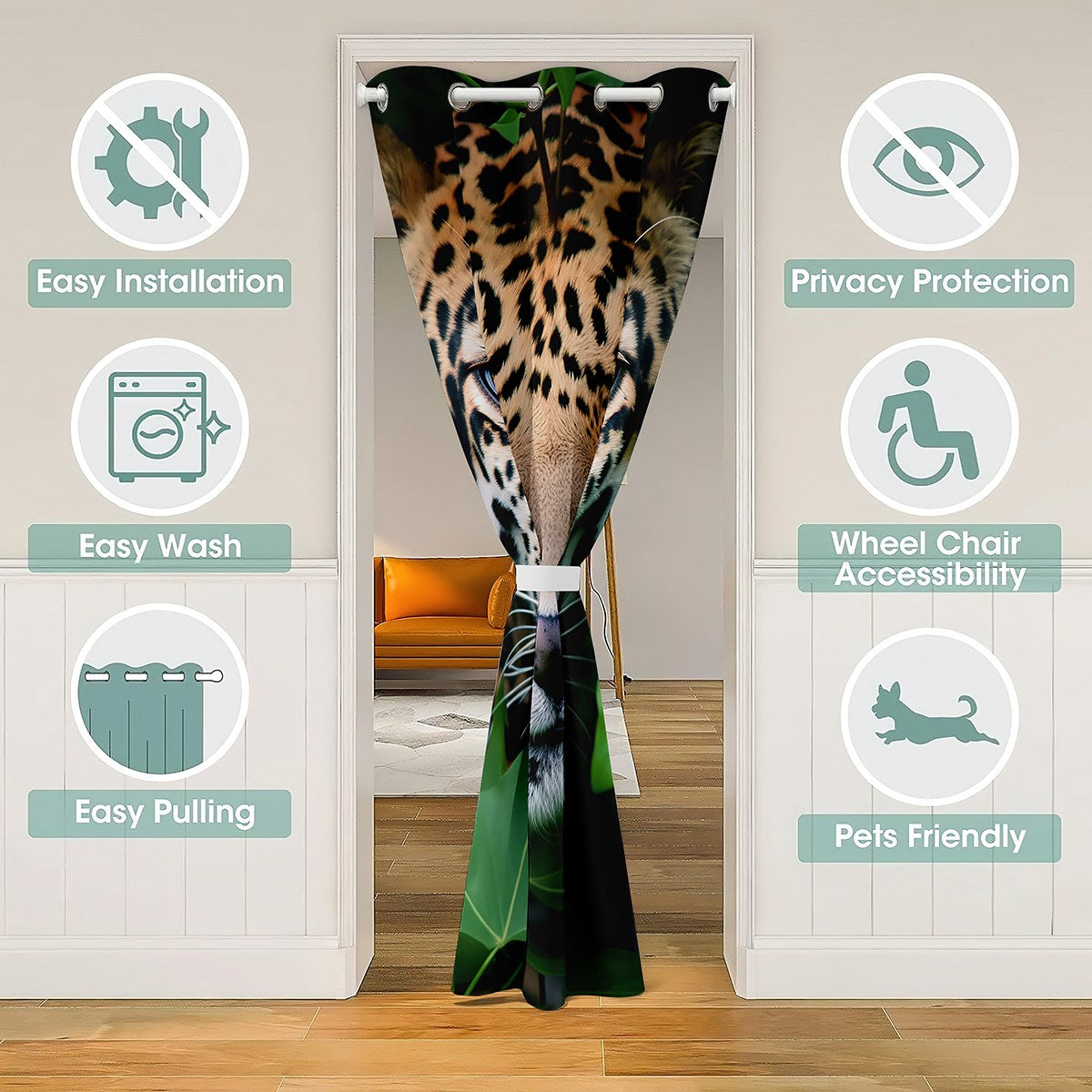 3D Cheetah Door Curtain For Doorway Privacy Leopard Print Blackout Curtain Green Leaf Plant Door Drape African Safari Animal Room Divider Curtain Living Room,Temporary Door 34"W X 80"L