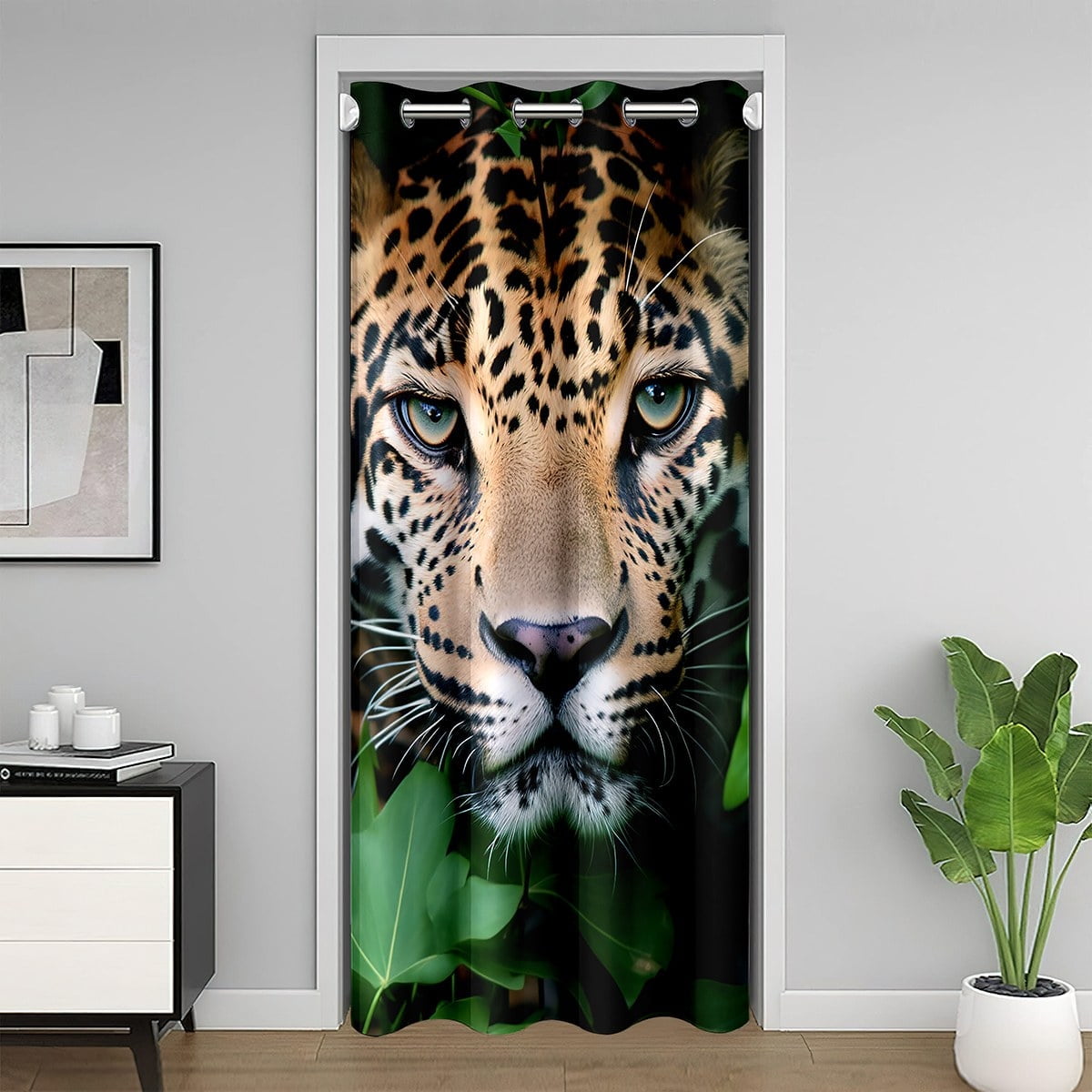 3D Cheetah Door Curtain For Doorway Privacy Leopard Print Blackout Curtain Green Leaf Plant Door Drape African Safari Animal Room Divider Curtain Living Room,Temporary Door 34"W X 80"L