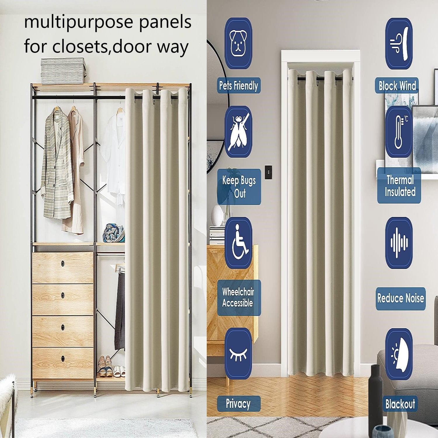 Blackout Curtain for Doorways and Closets K68 BLACK Color Window Thermal Insulated Top Grommets for Bedroom 37" X 84"