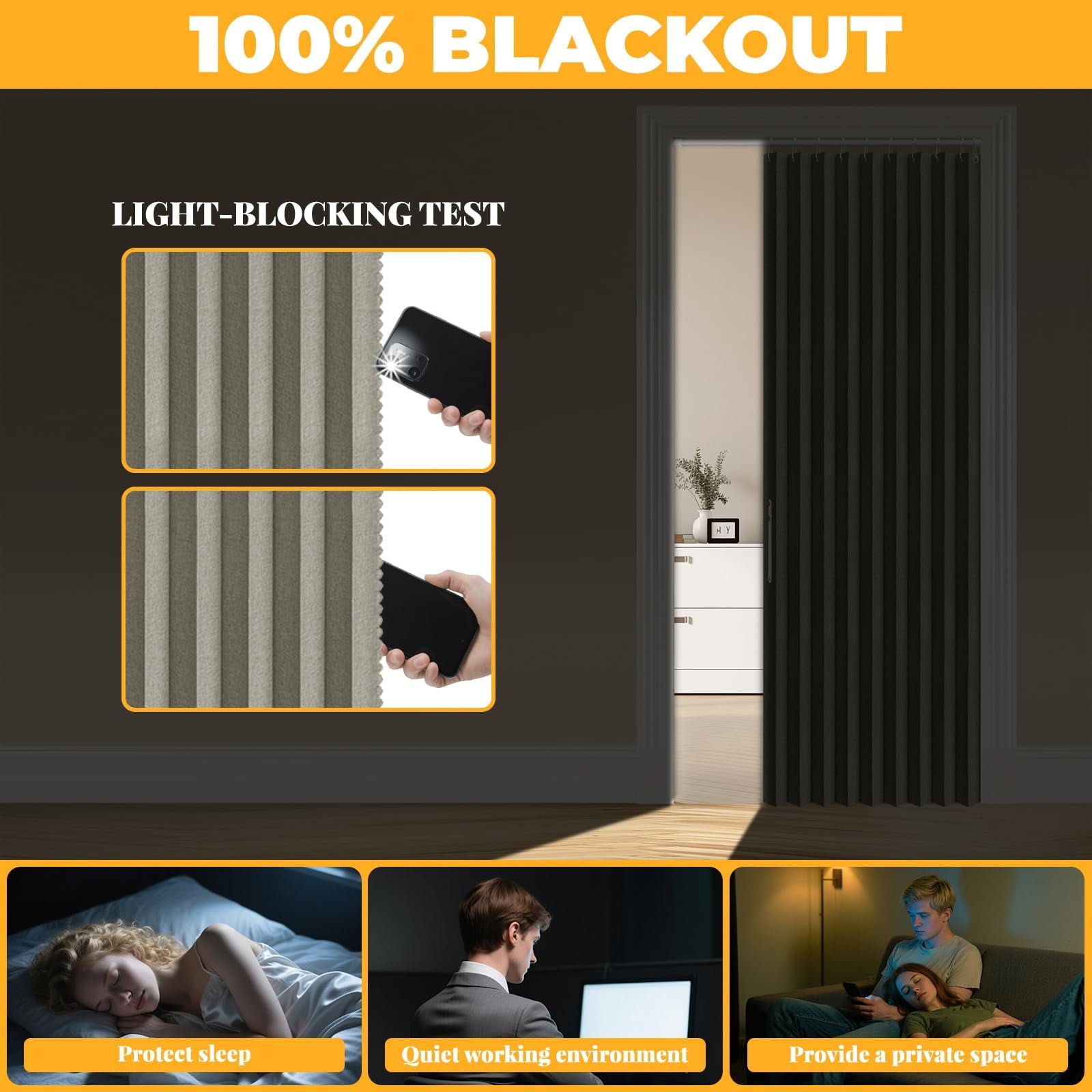 Blackout Accordion Door Curtain, Magnetic Folding Closet Door, 100% Light Blocking Room Divider for Bedroom Living Room Doorway, Grey, 42x78 Inches